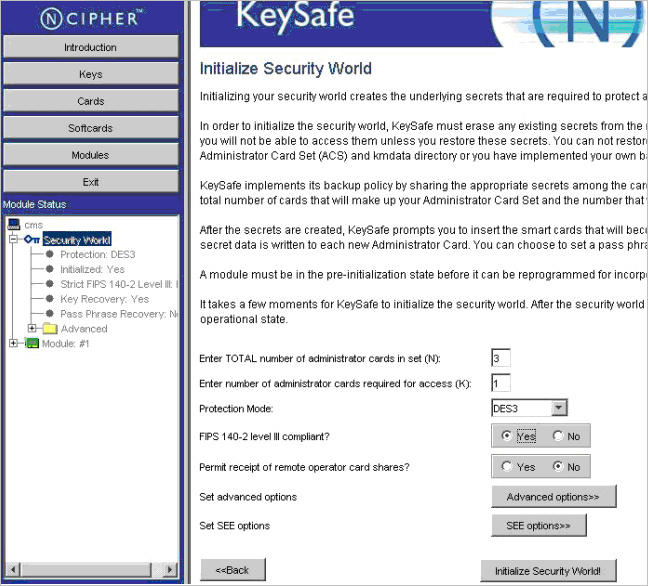 nCipher KeySafe utility displaying the Initialize Security World window